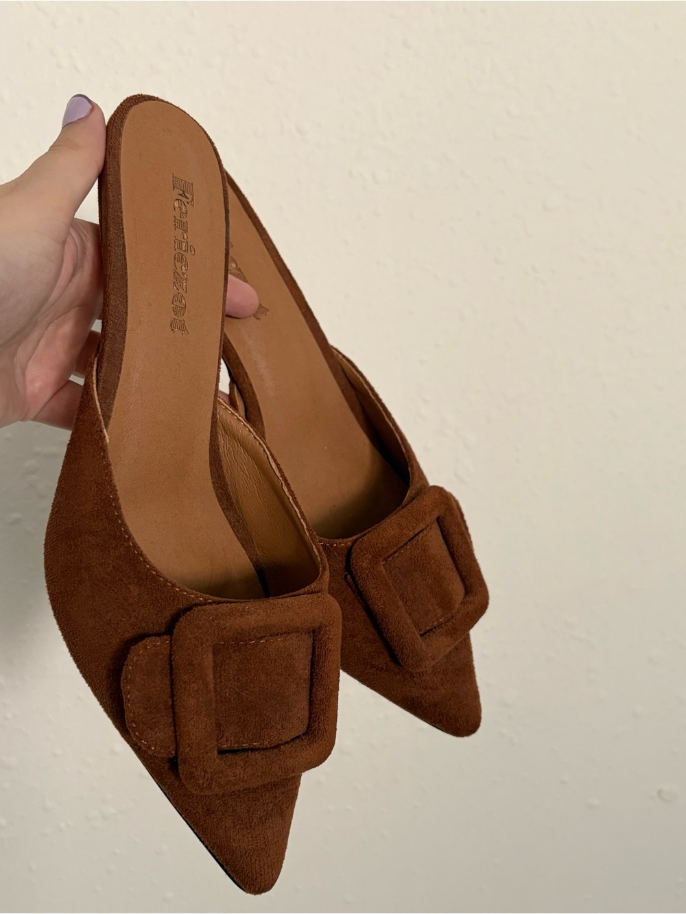 Chestnut Suede Pointed-Toe Buckle Mules - Picture 3 of 6